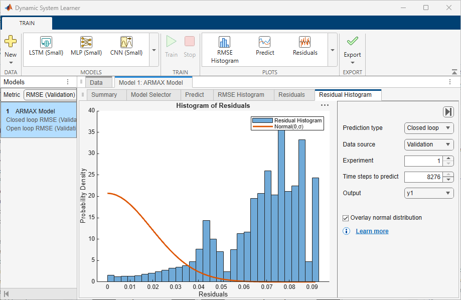 The app displaying the residual histogram