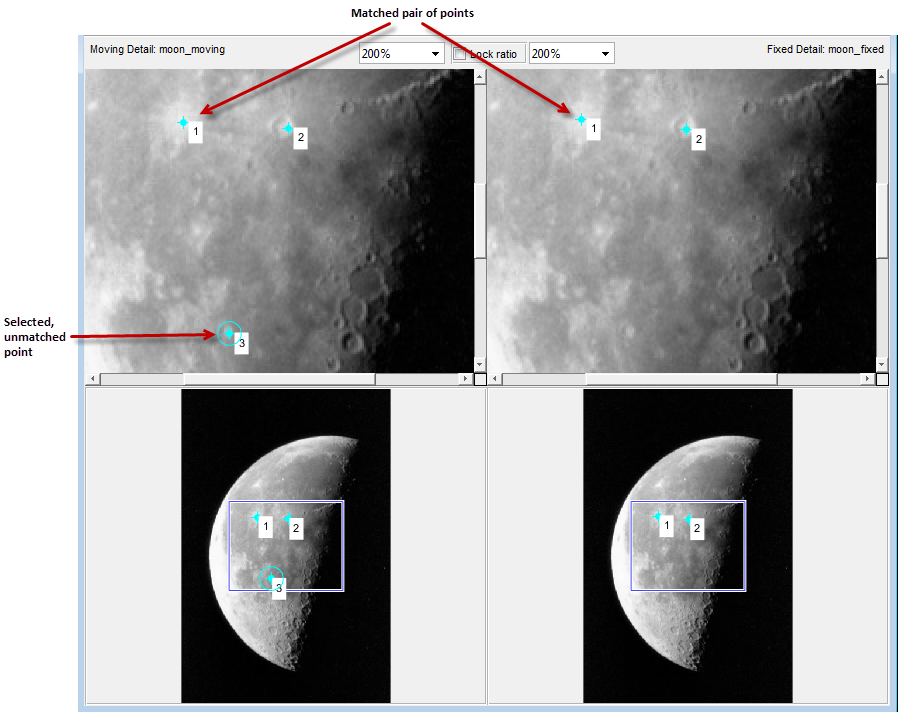 Two pairs of control points and one unmatched control point are marked as cyan dots in both the magnified view and the overview, and each point has a numeric label showing the order in which it was selected.