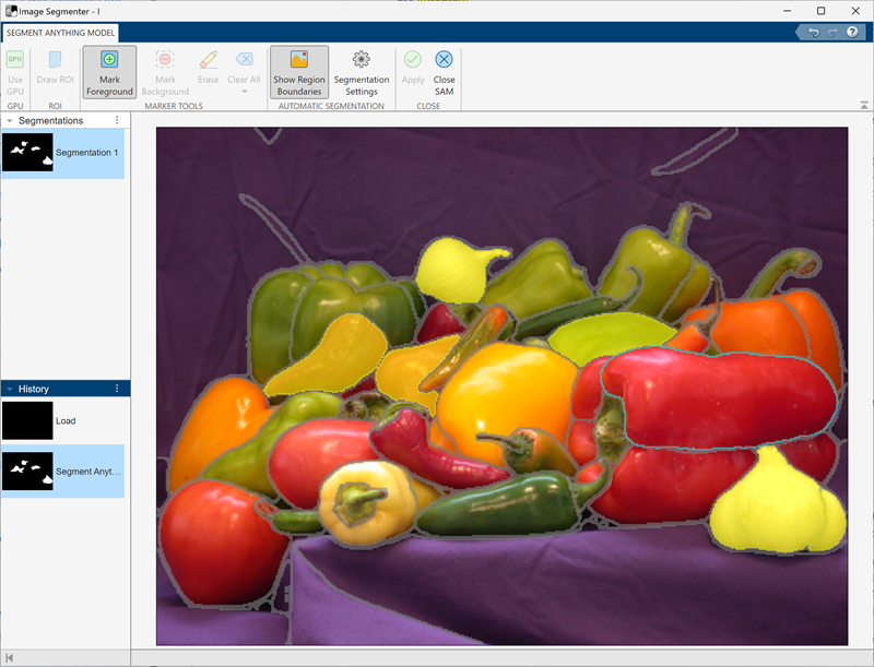 Use SAM in the Image Segmenter app to interactively segment objects from an image as binary masks. Using the Show Region Boundaries tool, you can automatically segment the entire image and select objects to include in the binary mask.