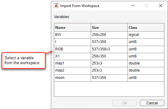 Import from Workspace menu showing the names, sizes, and data types of all workspace variables that represent viable image data.