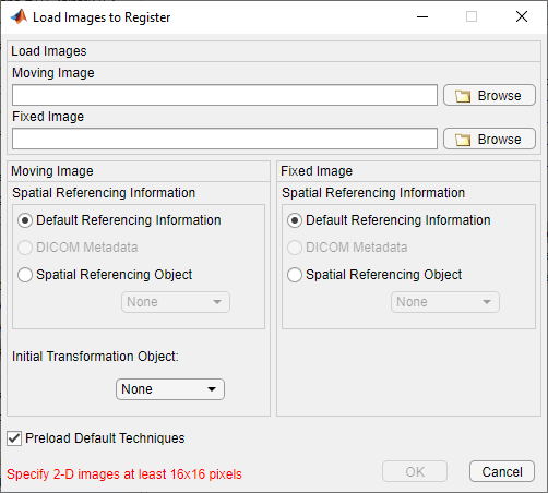 "Load Images to Register" dialog box with fields to specify the file path of the moving and fixed images.