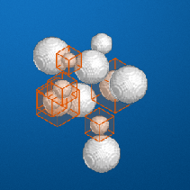 Orange cuboids overlaid on a 3-D scene of white spheres