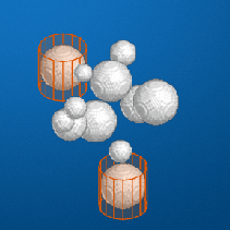 Orange cylinders overlaid on a 3-D scene of white spheres
