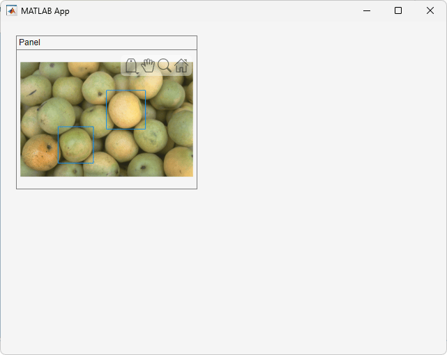 App Designer app window with a panel container in the top-left corner. The panel contains an image of pears with two rectangular annotations.