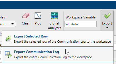 UDP Explorer app showing Export Communication Log option.