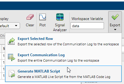 UDP Explorer app showing Generate MATLAB Script option.