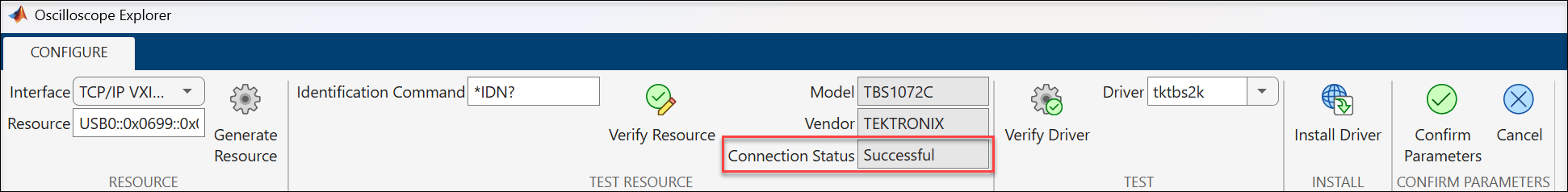 Configure tab showing Connection Status as Successful after confirming parameters