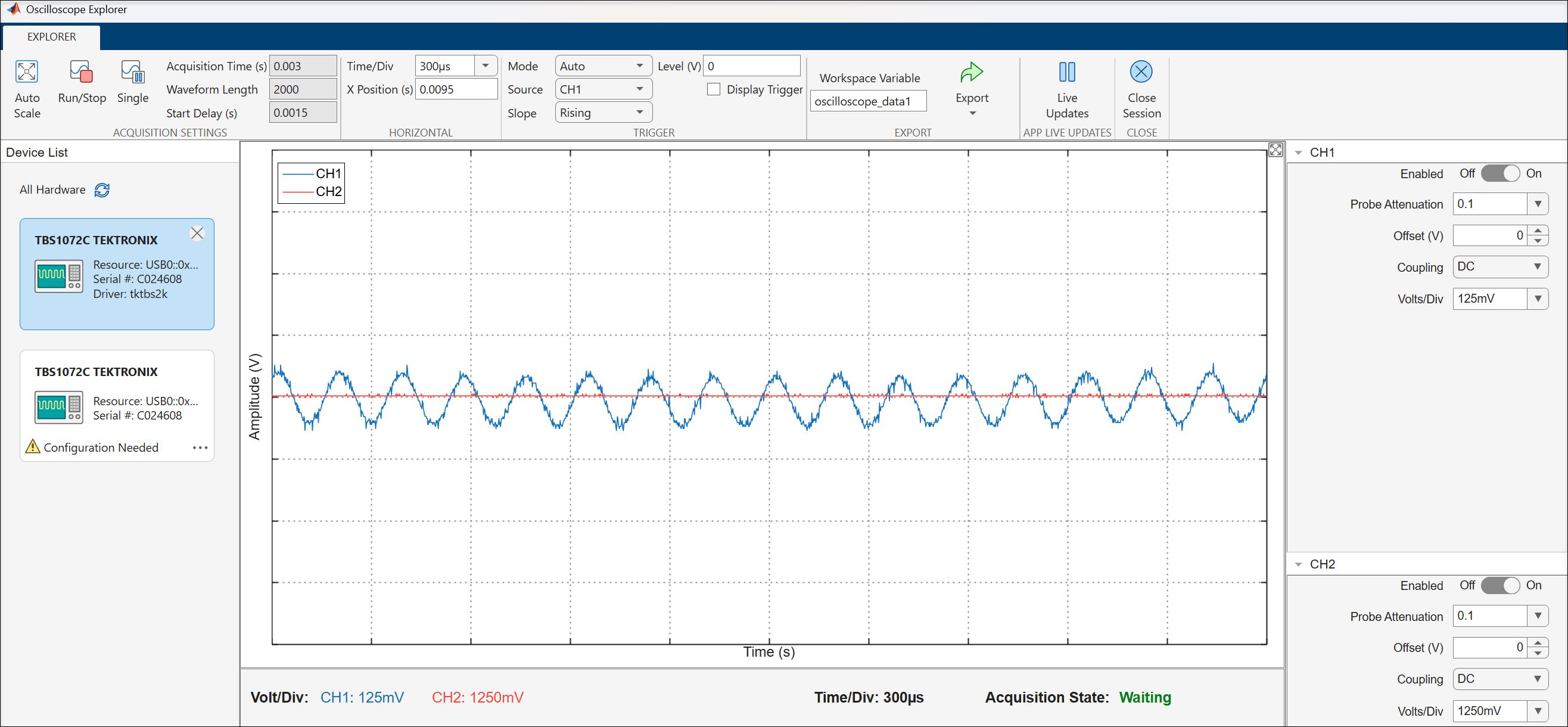 Explorer tab showing live waveform with default settings of Time/Div 300 microseconds and Volts/Div 125 millivolts