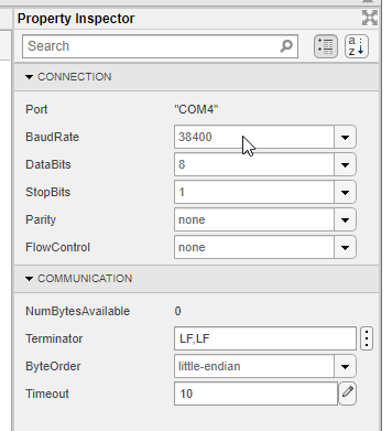 Serial Explorer app showing Property Inspector.