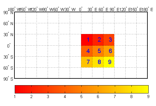 Geolocated data grid on a map. The labels are located in the center of each cell.