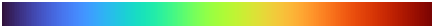 Color bar showing the colors of the turbo colormap. The colormap starts at dark blue and transitions to lighter blue, bright green, orange, yellow, and dark red. This colormap is similar to jet, but the transitions between colors are more perceptually uniform than in jet.