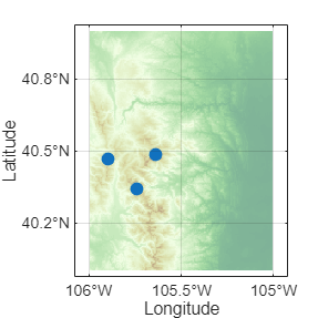A pseudocolor raster plot and a scatter chart in the same geographic axes. The bounds of the pseudocolor raster plot are larger than the bounds of the scatter chart.