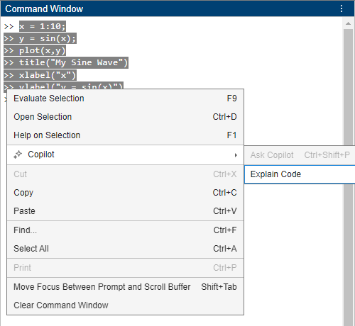MATLAB desktop, showing six lines of code selected in the Command Window and the Copilot > Explain Code option in the context menu