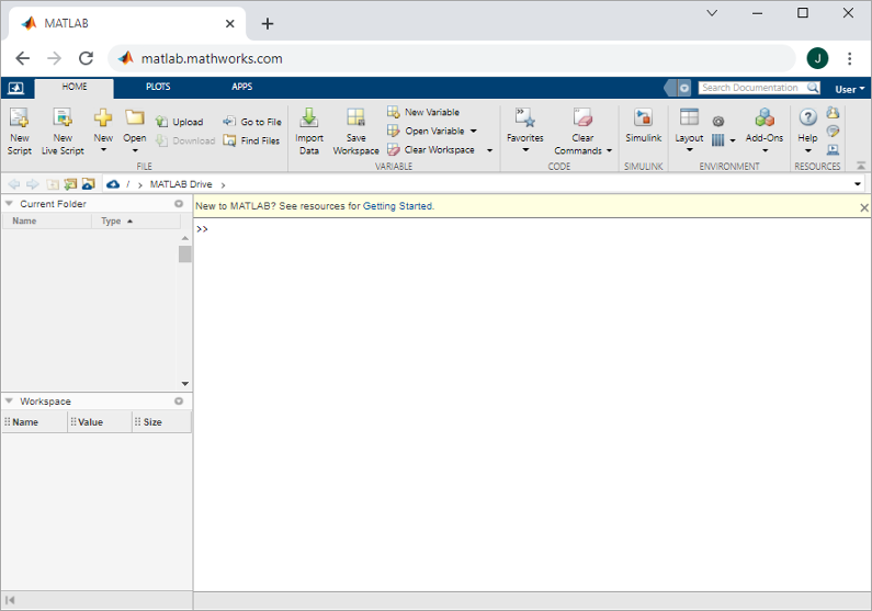 MATLAB Online desktop in its default layout with the toolstrip at the top and below it, the Current Folder browser and the Workspace browser on the left, and the Command Window in the middle