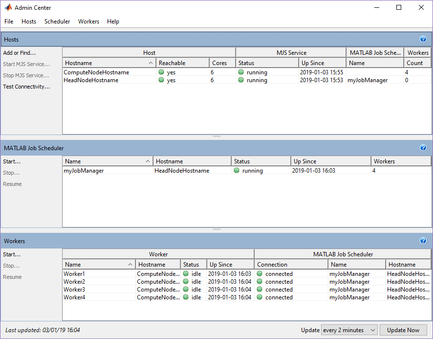 Screen in Admin Center. The top section list the ComputeNodeHostname and HeadNodeHostname. The middle section lists the MATLAB Job Scheduler job managers. The bottom section lists the name of the workers in the cluster.