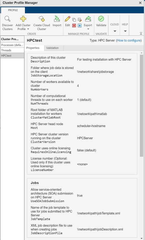 Cluster Profile Manager with the HPCtest cluster profile selected. Values for optional cluster properties are shown in the right pane.