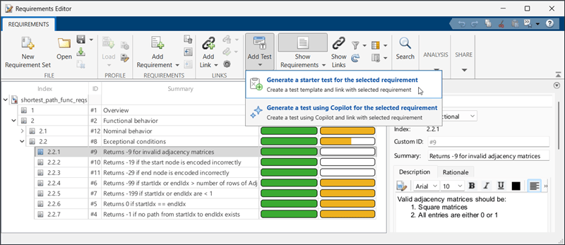 Add Test dropdown menu in the Requirements Editor toolstrip with options to generate a starter test or generate a test using Copilot for the selected requirement