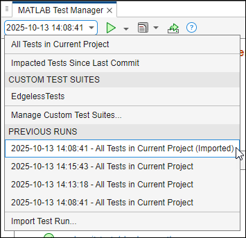 The mouse points to an imported test run.