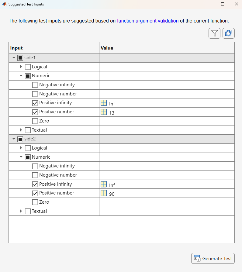 Suggested Test Inputs dialog box including two suggested values for each function input