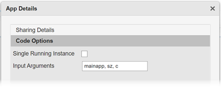 App Details dialog box. An edit field for specifying input arguments to the startupFcn callback contains the variable names "caller", "sz", and "c".