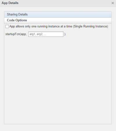 App Details dialog box with the Code Options section expanded.