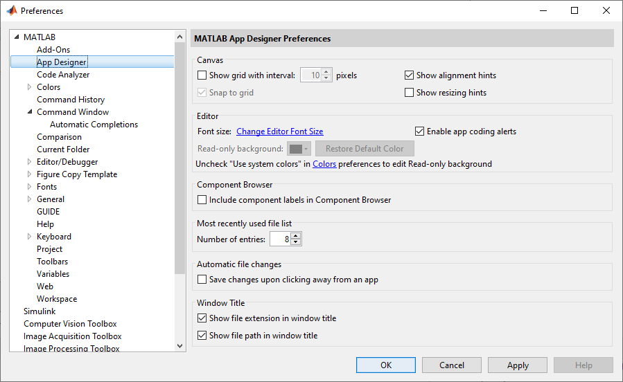 App Designer Preferences dialog box