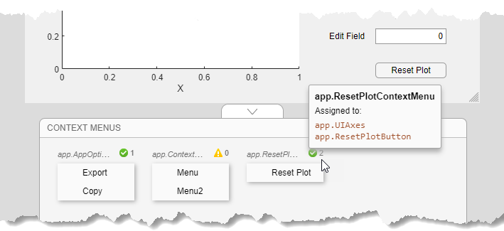 Context Menus area on the canvas showing three context menus.