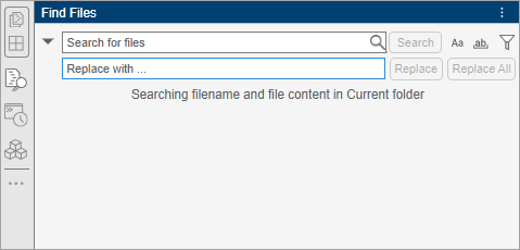 Find Files tool with a search box, a replace box, and options to match the case of the search text, match the whole word, and filter results. The left sidebar of the MATLAB Online desktop shows the Find Files icon.