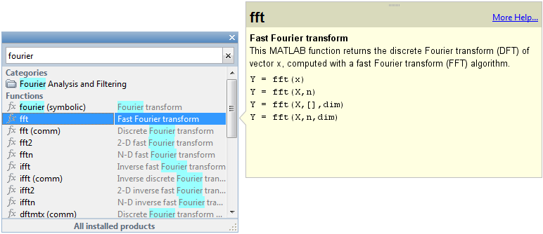 Function browser showing a list of categories and functions that contain the word fourier, the row for the fft function selected, and a window open showing the syntax information for the fft function