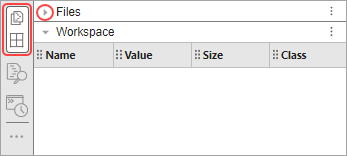 MATLAB desktop with the Files panel collapsed and the Workspace panel expanded. The Files panel and Workspace panel icon group and the Files panel collapse button are circled in red.