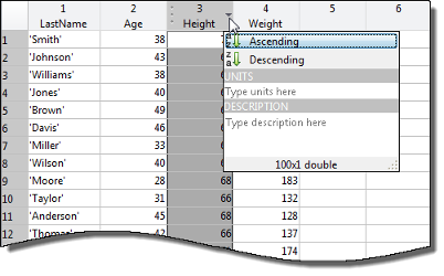 Variables editor, table view, with third column selected for sorting