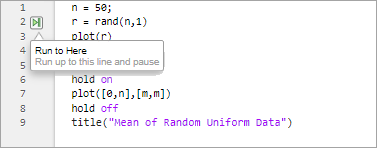 plotRand script with the Run to Here button visible in the left margin, next to the line number for line 2