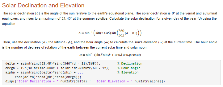 Live script with text and two equations that describe the calculations being performed in the code below