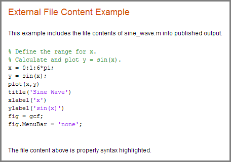 Published document with the contents of the file sine_wave.m displayed as syntax-highlighted code