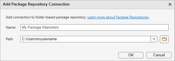 Add Package Repository Connection dialog box with text boxes for specifying a repository name and path