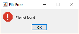 Error dialog box. The dialog box title is "File Error". The content of the dialog box consists of an alert icon, the text "File not found", and a button labeled "OK".