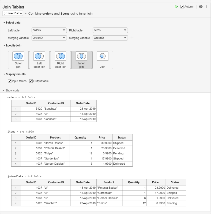 Combine two tables using key variables in the Live Editor MATLAB