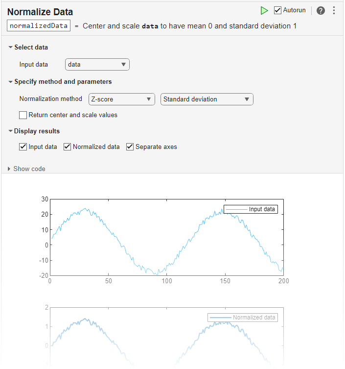 Normalize Data task in the Live Editor