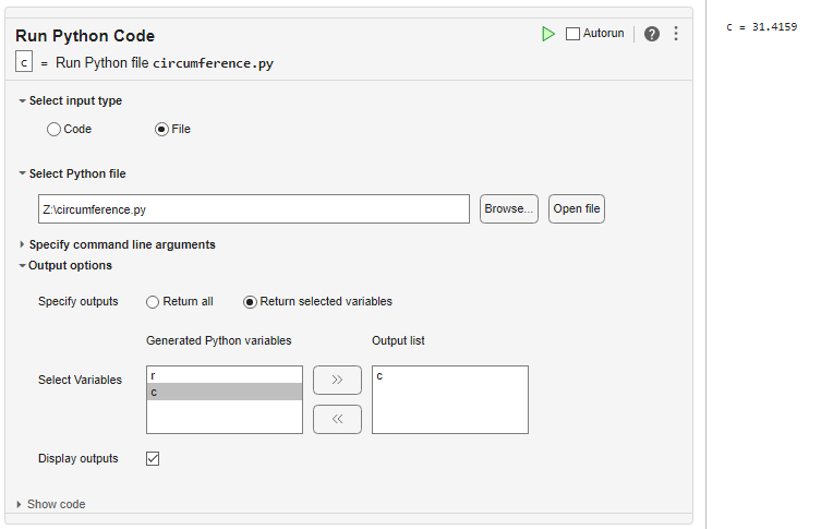 Run Python Code Live Editor task with parameters described in the example