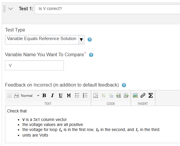 Test options shows boxes for the title, test type, variable name to compare, functions and keywords, and feedback. The test type option Variable Equals Reference Solution is selected and V is specified as the variable name to compare.
