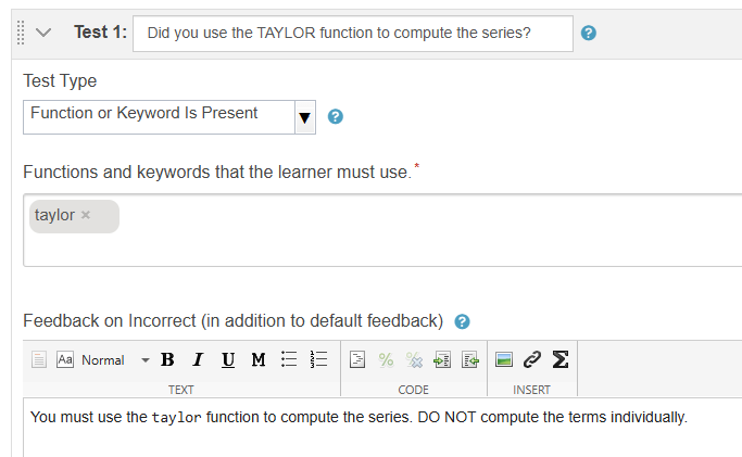 Test options shows boxes for the title, test type, functions and keywords, and feedback. The test type option Function or Keyword Is Present is selected.