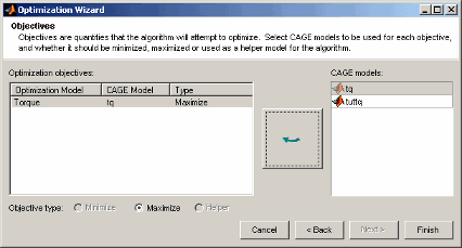 Optimization Wizard dialog showing objectives section with one optimization objective (Torque) mapped to CAGE model tq, type set to Maximize, and a list of available CAGE models on the right.