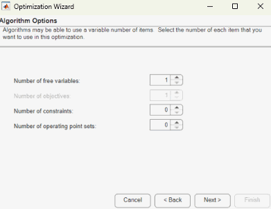 Optimization Wizard dialog box displaying Algorithm Options page with the Number of objectives disabled.