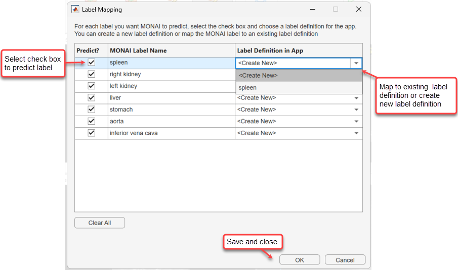 Label Mapping dialog box with callouts to the predict check box, drop down menu for selecting a label definition, and the OK button for saving choices