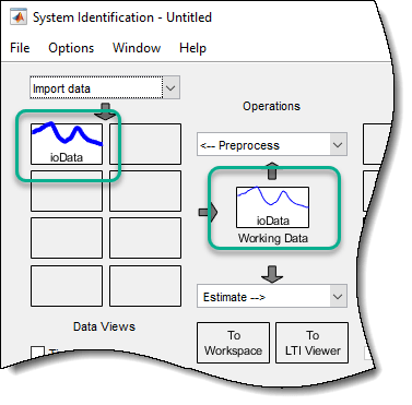 Upper left section of the System Identification app, showing ioData in the Data Views and Working Data sections.