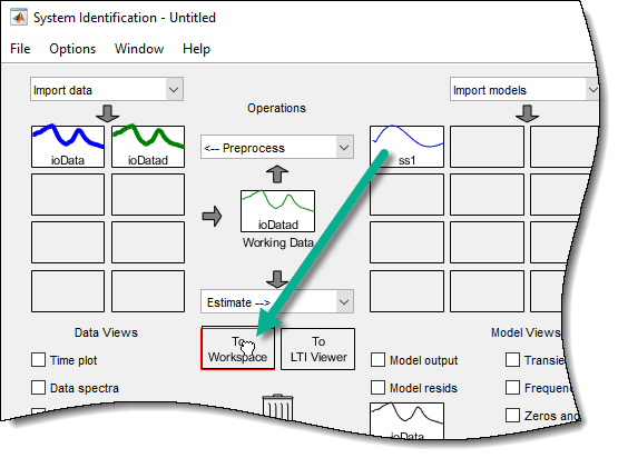 Upper left section of the System Identification app, showing ss1 being dragged into the To Workspace area.