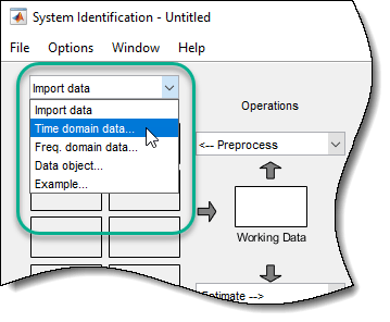 Upper left section of the System Identification app, showing Time domain data being selected.