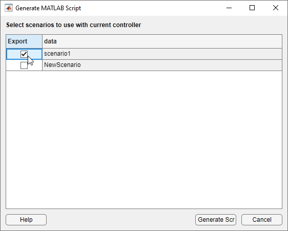 Generate MATLAB Script dialog box.