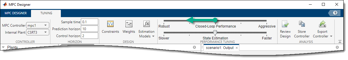 Closed-Loop Performance slider in the Tuning tab of the MPC Designer app.