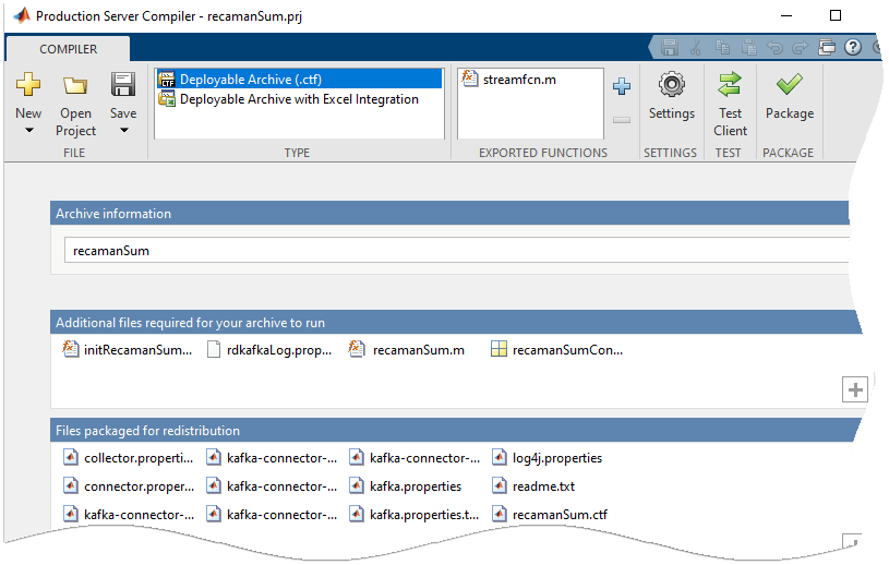 Production Server Compiler app UI with default values for streaming function and archive name.